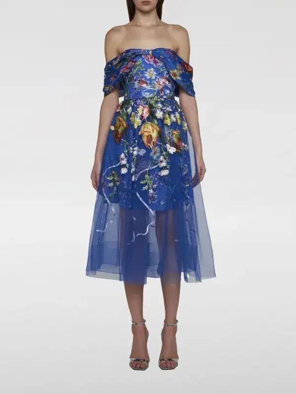 Blue Floral Off-Shoulder Tulle Midi Dress